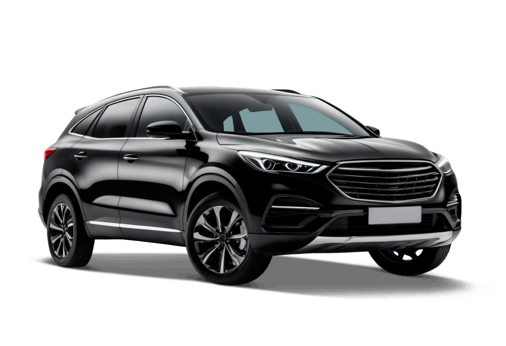 SUV noir vu de trois quarts avant, sur fond blanc